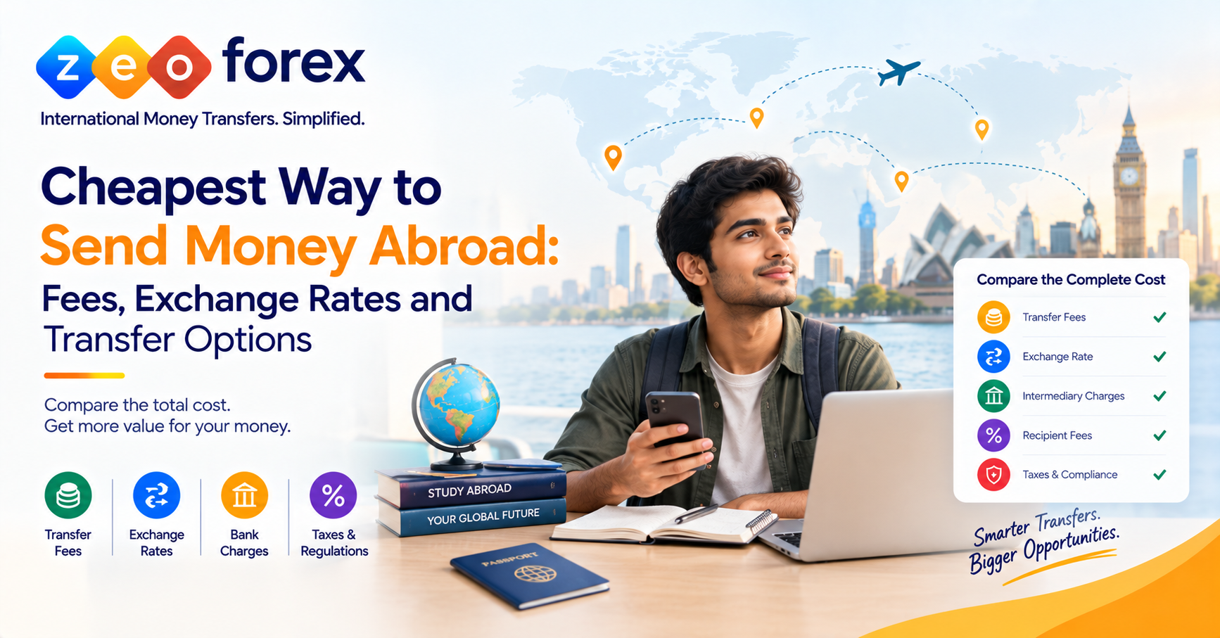 ZeoForex banner titled “Cheapest Way to Send Money Abroad: Fees, Exchange Rates and Transfer Options” showing a young man holding a phone beside a laptop, open notebook, globe, study abroad books and passport, with a world map, flight routes and city skylines behind him, a “Compare the Complete Cost” checklist panel listing Transfer Fees, Exchange Rate, Intermediary Charges, Recipient Fees and Taxes & Compliance, and icons for transfer fees, exchange rates, bank charges and taxes and regulations